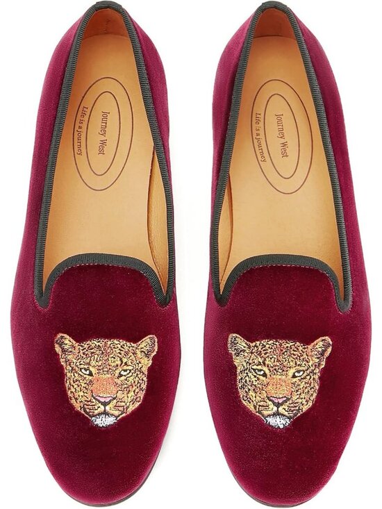 Other - Men's Leopard Burgundy Rubber Velvet Loafers Embroidery Slip-On Tuxedo Shoes
